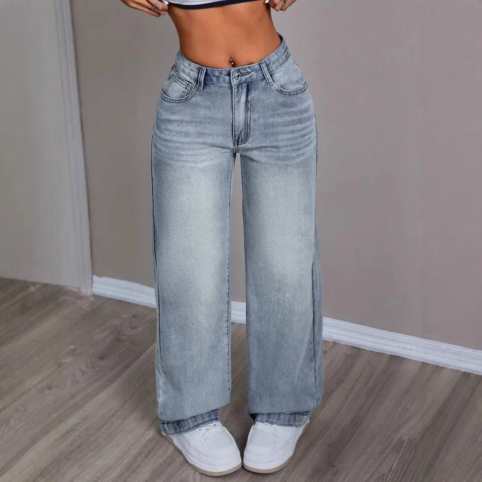 Dames Wide Leg Jeans Washed Lang