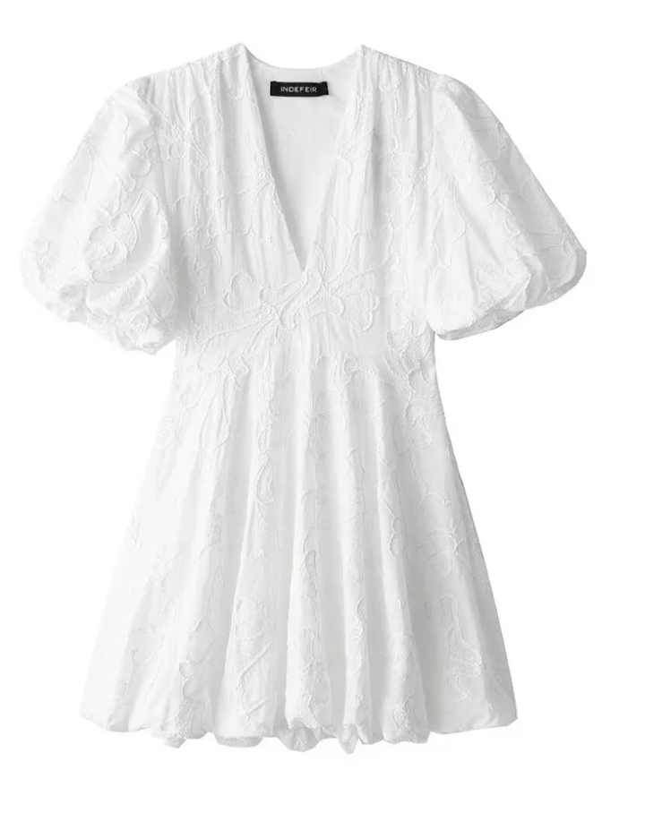 Dames Witte Zomerjurk Pofmouwen Mini