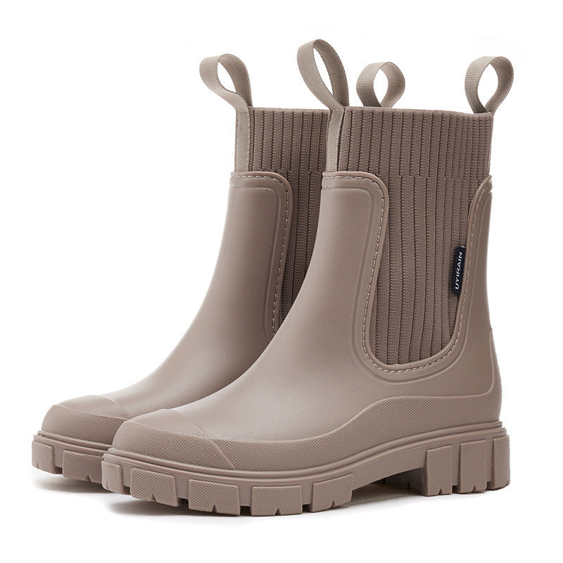 Dames Waterdichte Regenlaarzen Met Stevige Antislip Zool in Beige