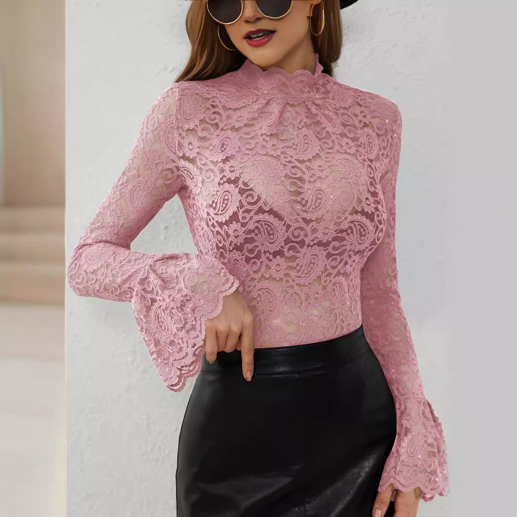 Dames Elegante Kanten Top Met Paisley Patroon En Wijde Mouwen in Roze