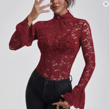 Dames Elegante Kanten Top Met Paisley Patroon En Wijde Mouwen in Rood