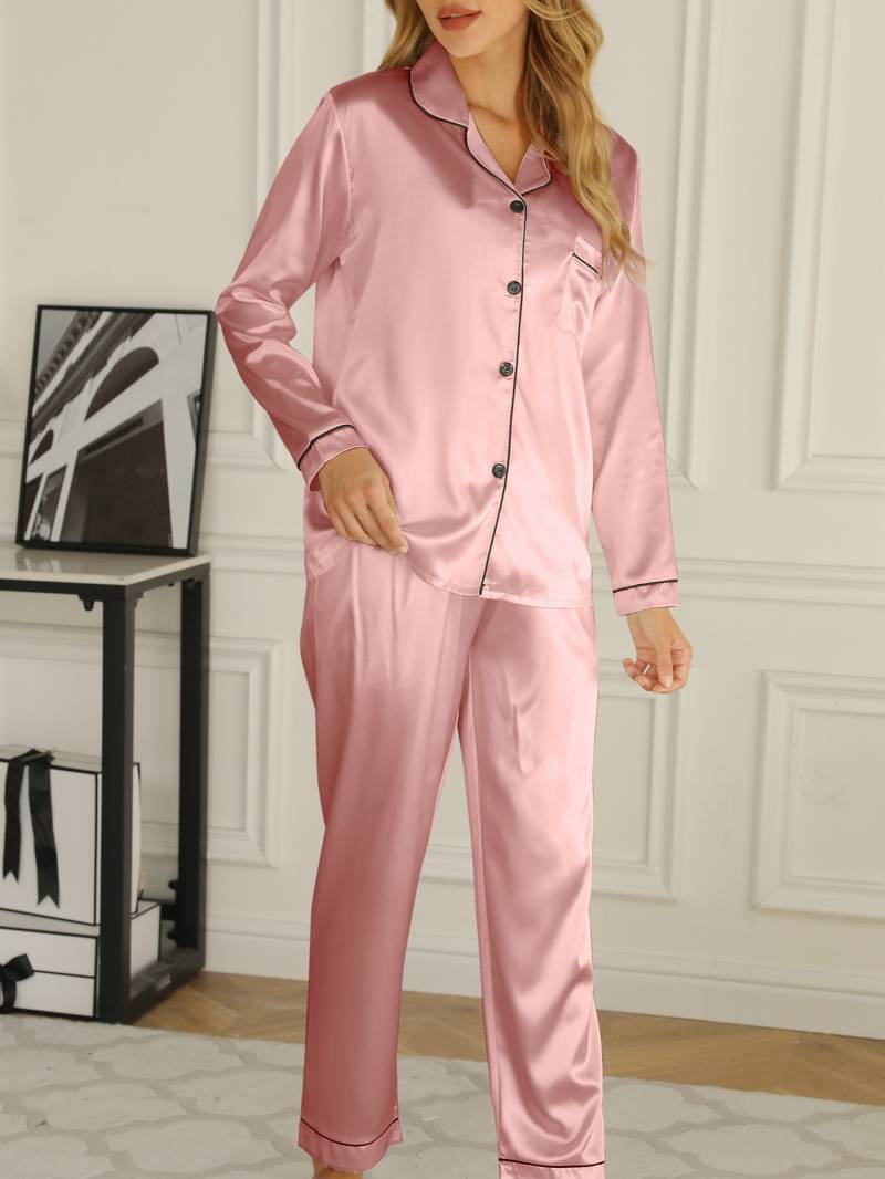 Dames Pyjamaset In Satijnlook Met Contrastbies En Lange Broek in Roze