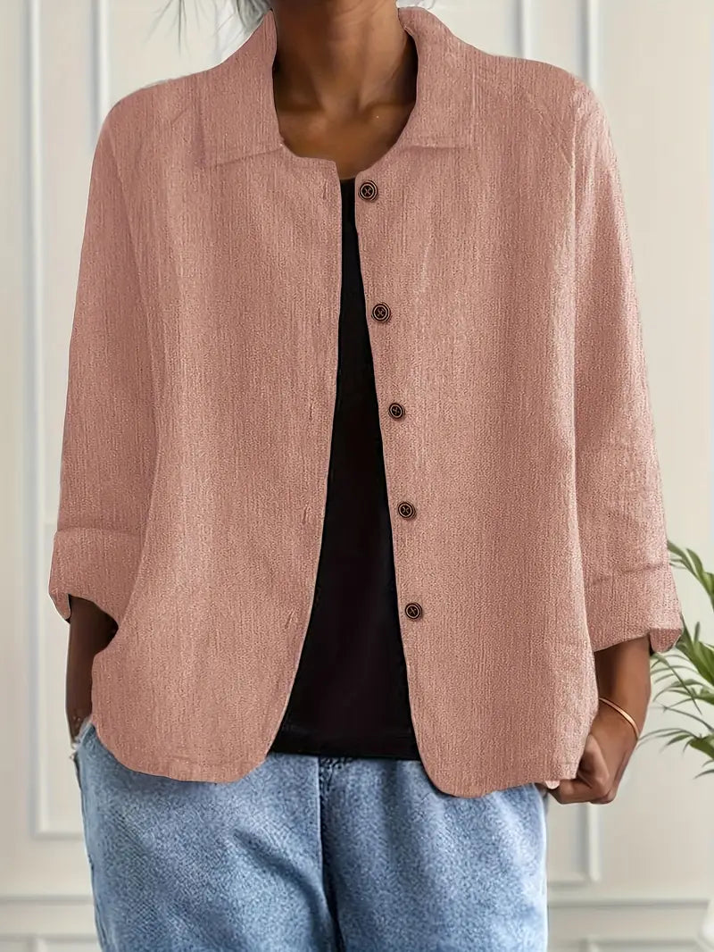 Dames Licht Jasje In Linnenlook Met Kraag En Knoopsluiting in Roze