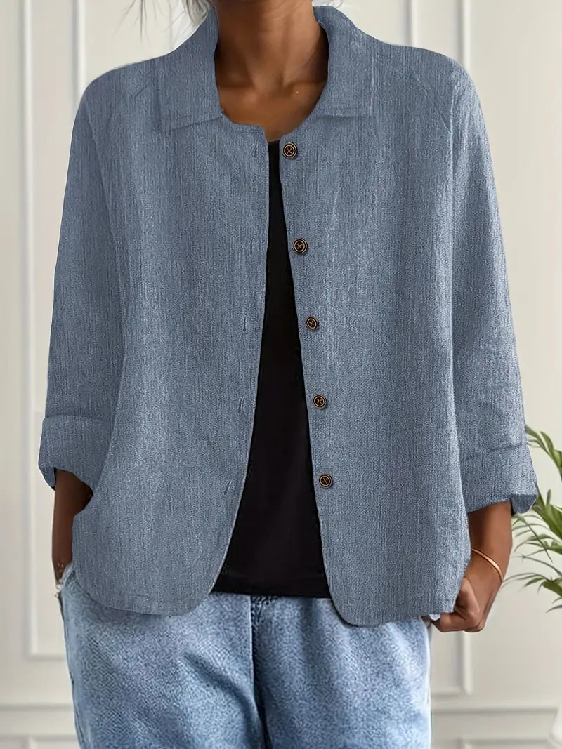 Dames Licht Jasje In Linnenlook Met Kraag En Knoopsluiting in Blauw