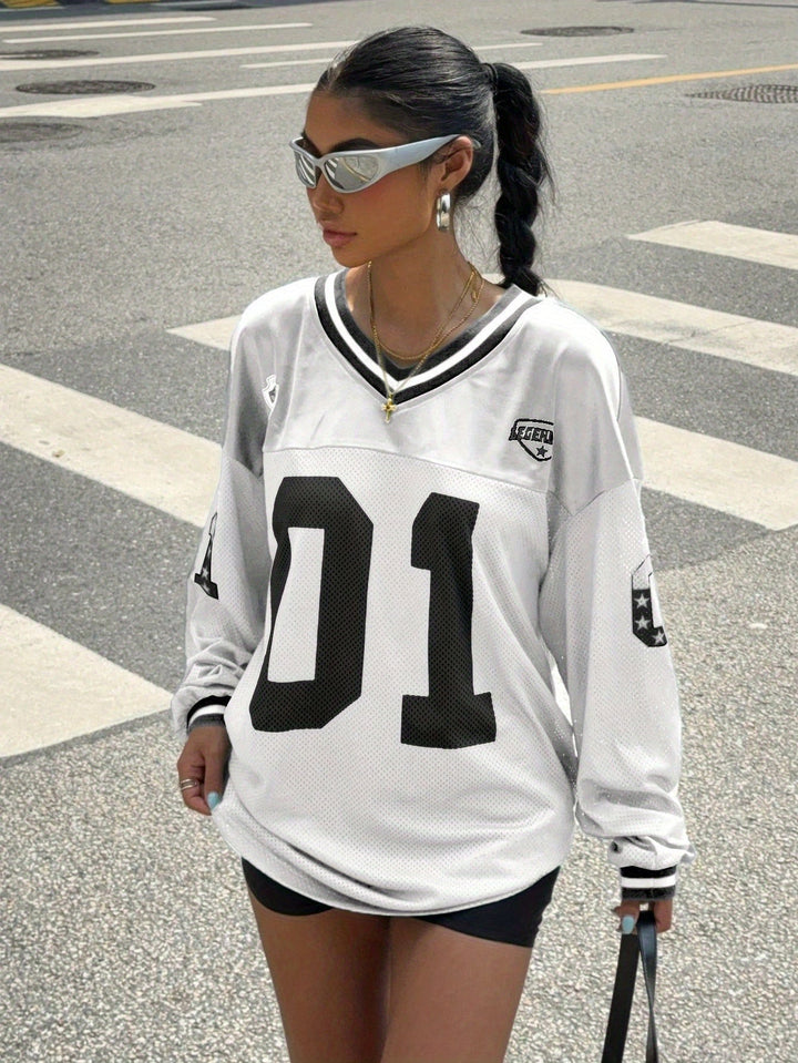 Dames Oversized Football Shirt Met Nummerprint En Patches in Wit