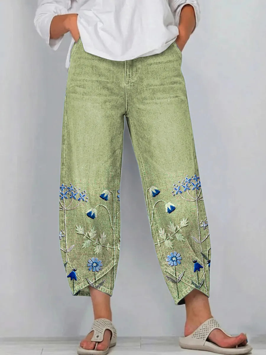Dames cropped broek met bloemenborduursel en gesplitte zoom - afbeelding 5