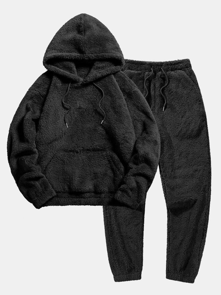 Dames Warme Teddy Loungeset Met Hoodie En Joggingbroek in Zwart