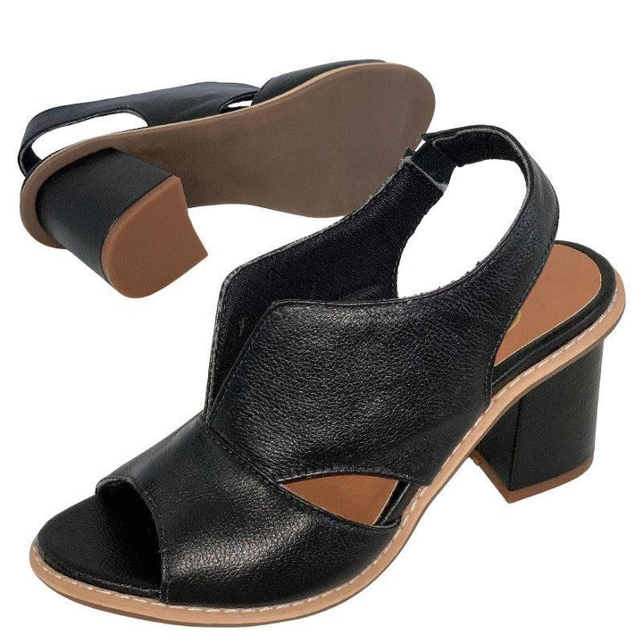Dames Peeptoe Sandalen Met Stevige Blokhak En Slingback Bandje in Zwart zool en hak