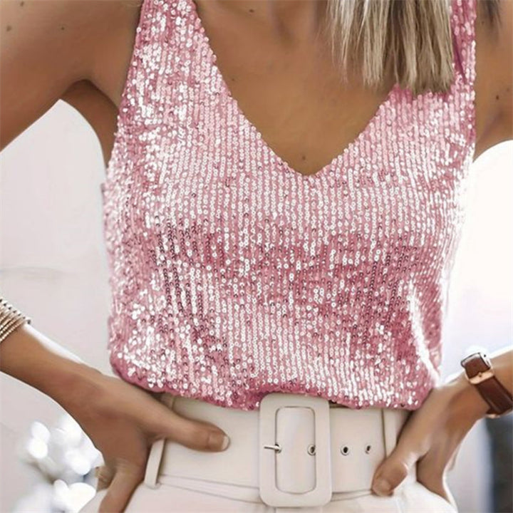 Dames Luxe Feestelijke Pailletten Top Met Elegante V Hals in Roze
