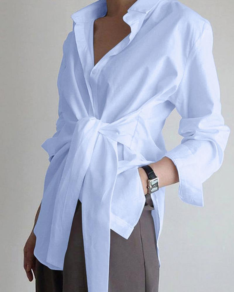 Dames Elegante Blouse Met Strikceintuur En Klassieke Kraag in Lichtblauw