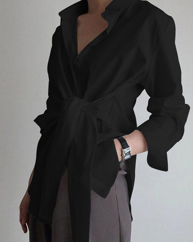 Dames Elegante Blouse Met Strikceintuur En Klassieke Kraag in Zwart
