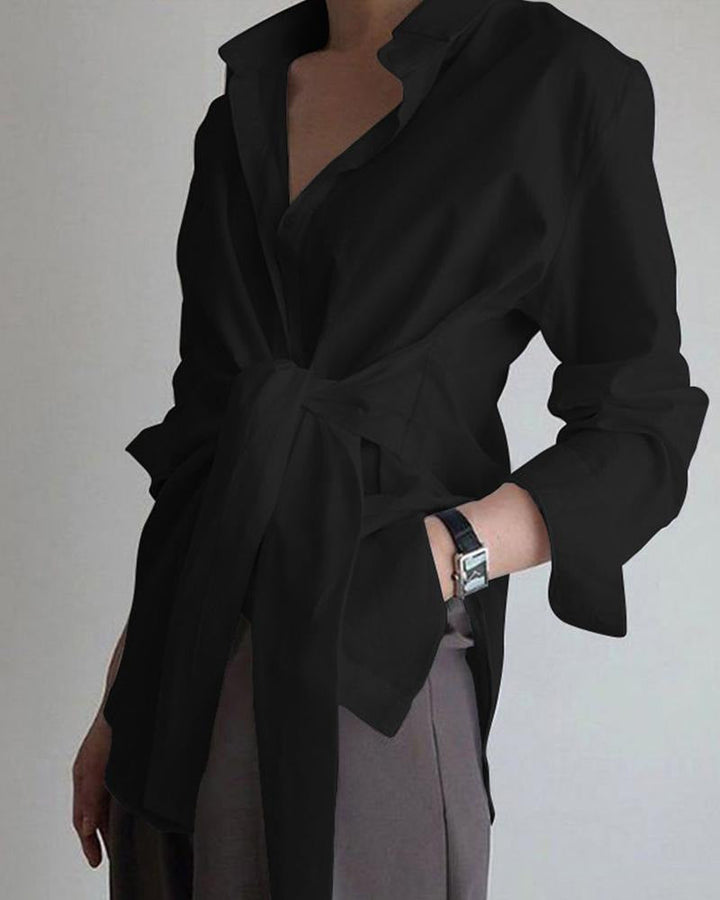 Dames Elegante Blouse Met Strikceintuur En Klassieke Kraag in Zwart