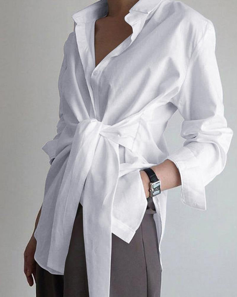 Dames Elegante Blouse Met Strikceintuur En Klassieke Kraag in Wit