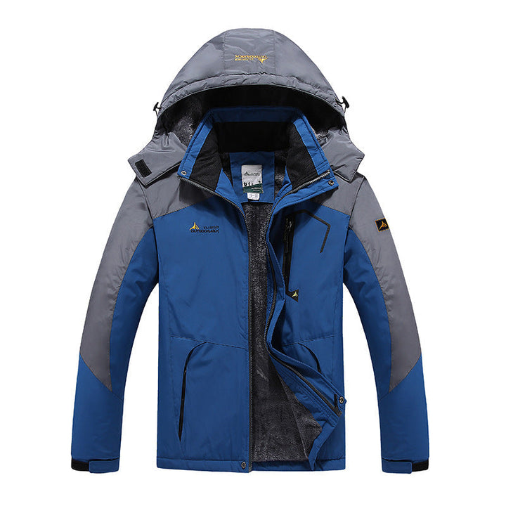 Blauwe en grijze heren winterparka met afneembare capuchon