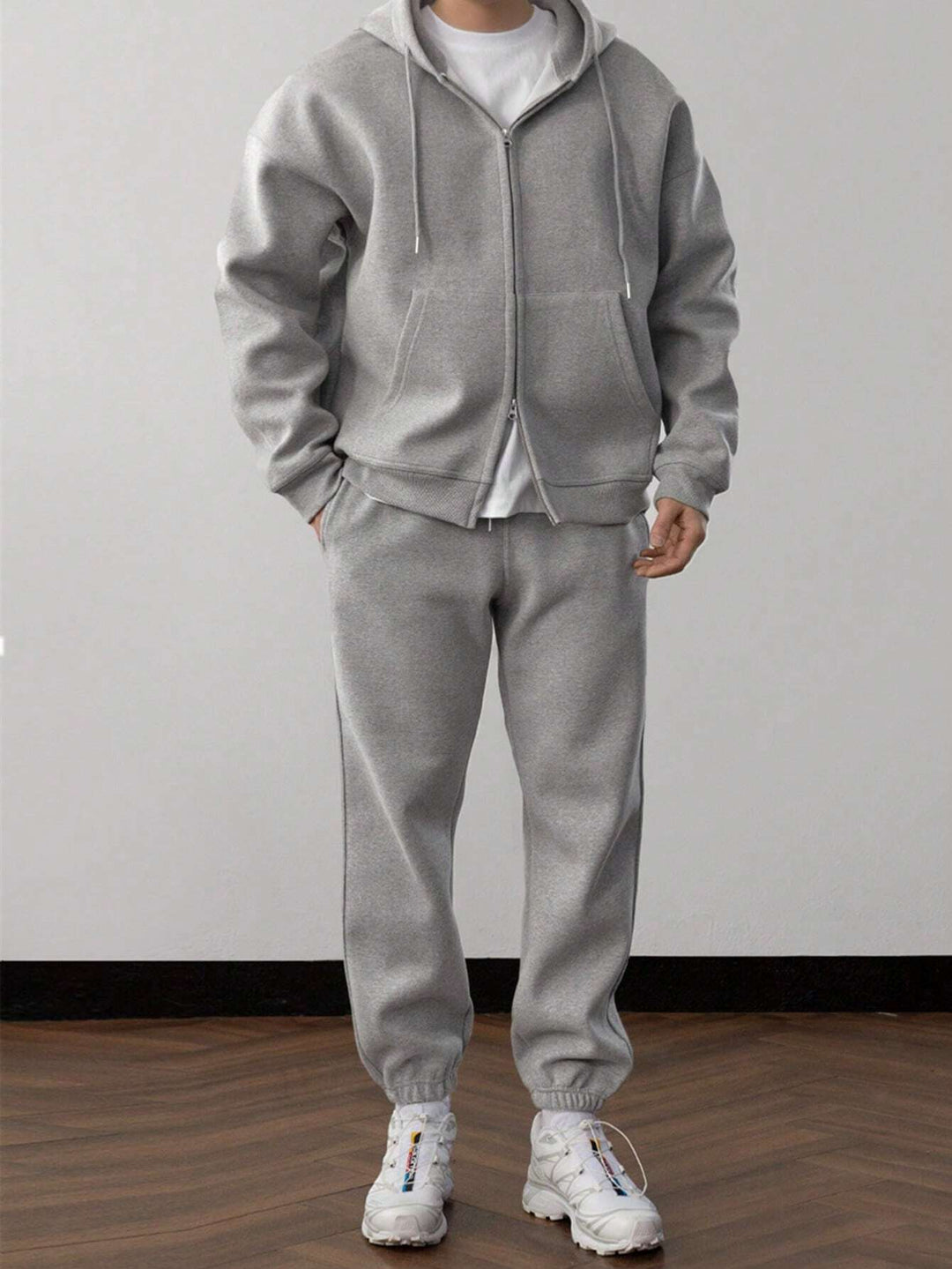 Heren Gevoerd Joggingpak Met Rits Hoodie En Joggingbroek in Grijs