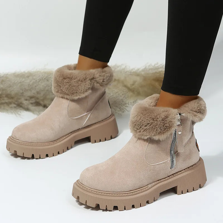Dames winterlaarsjes met bontrand en plateauzool
