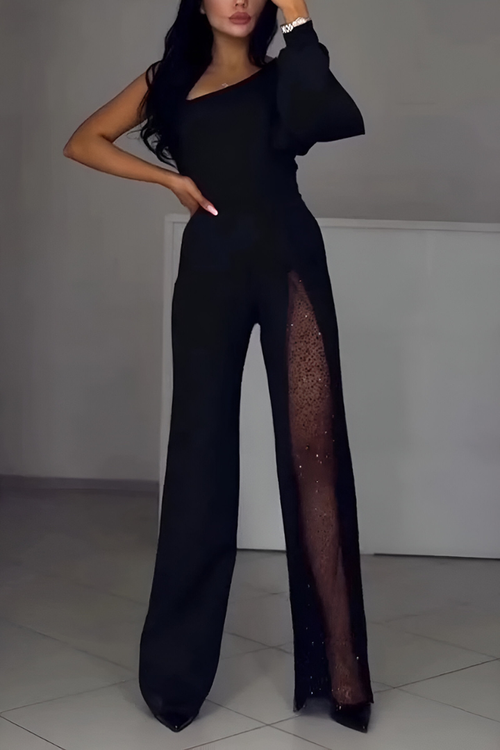 Dames jumpsuit met one-shoulder hals en wijde pijpen