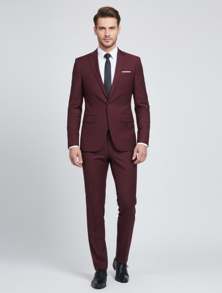 Heren Slim Fit Kostuum Met Reverskraag En Rechte Pantalon in Wijnrood