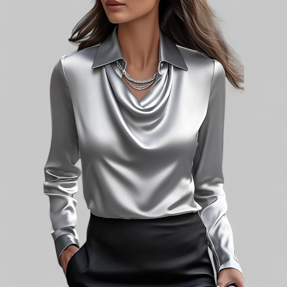 Dames satijnen blouse met watervalhals 4