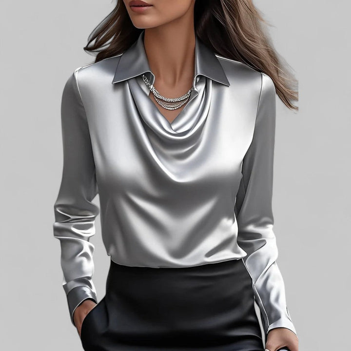 Dames satijnen blouse met watervalhals 4