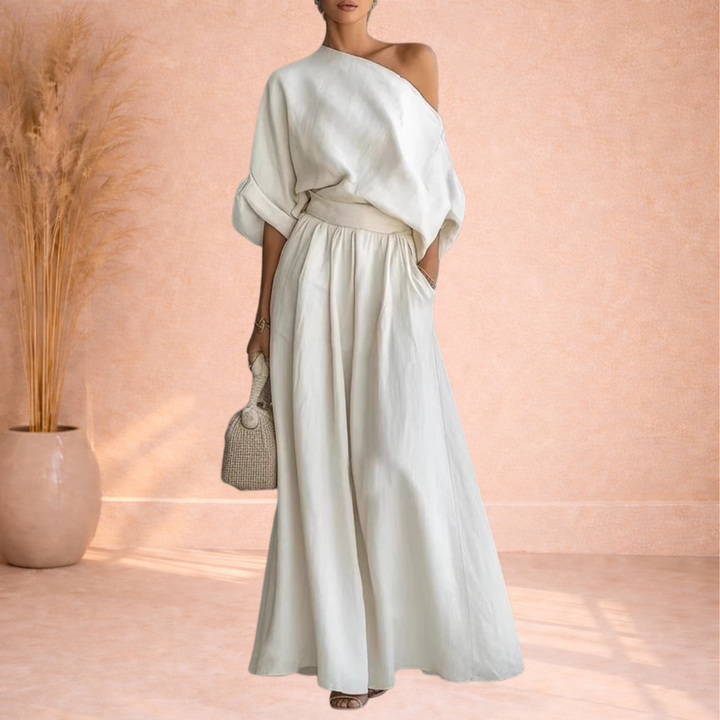 Dames Tweedelige Set Met One Shoulder Top En Wijde Broek in Wit