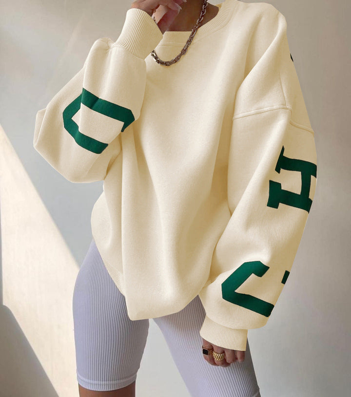 Dames Oversized Crewneck Trui Met Contrasterende Letters in Ivoor