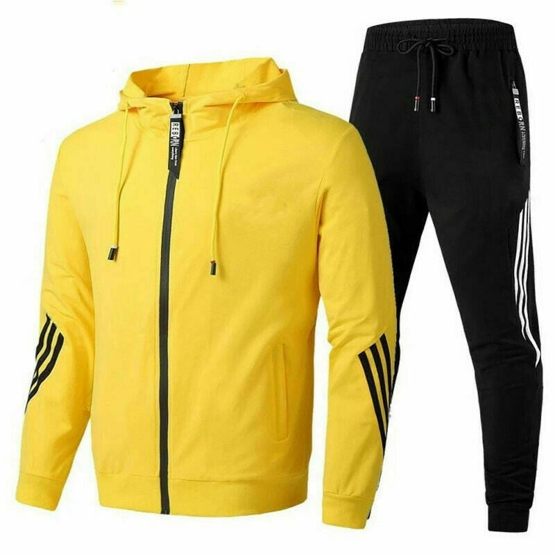 Heren trainingspak met geel ritsvest en zwarte joggingbroek