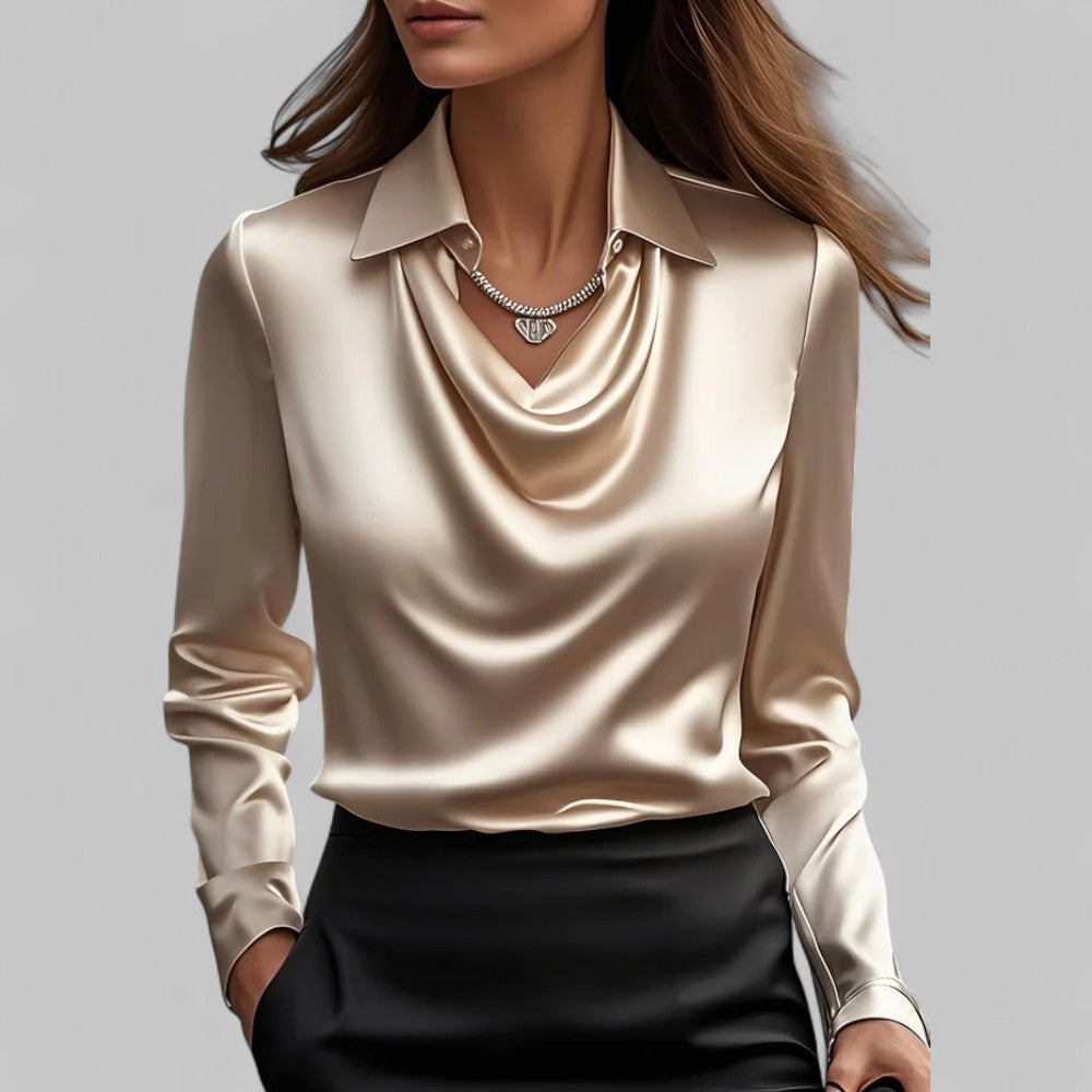 Dames satijnen blouse met watervalhals 14
