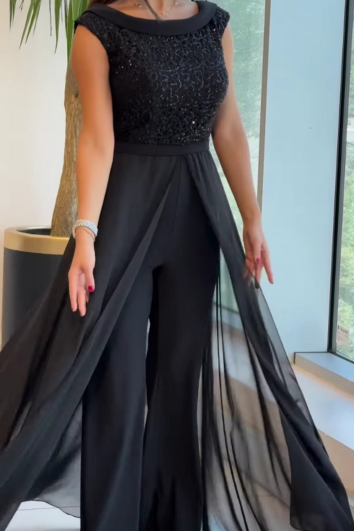 Dames avondjumpsuit met pailletten top en chiffon overlaag - afbeelding 3
