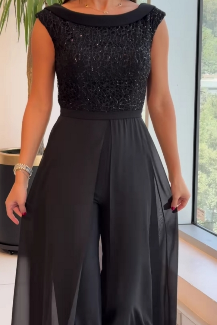 Dames avondjumpsuit met pailletten top en chiffon overlaag - afbeelding 4