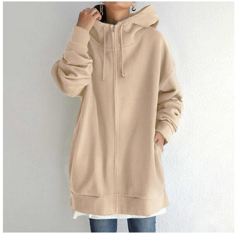 Dames Comfortabele Oversized Hoodie Met Rits En Capuchon in Beige