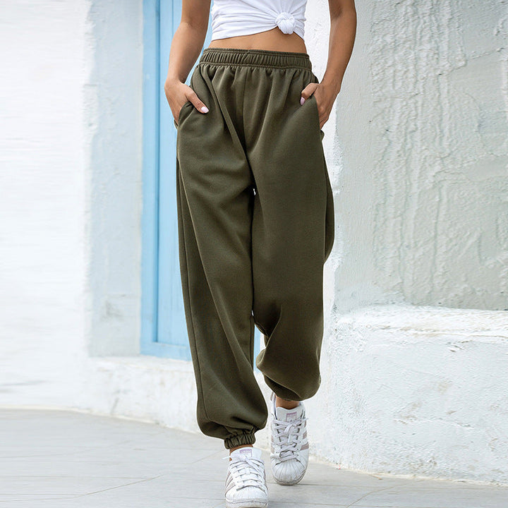 Dames Comfortabele High Waist Joggingbroek Met Losse Pasvorm in Legergroen
