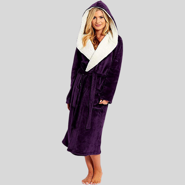 Dames Lange Fleece Badjas Met Teddy Capuchon En Ceintuur in Paars