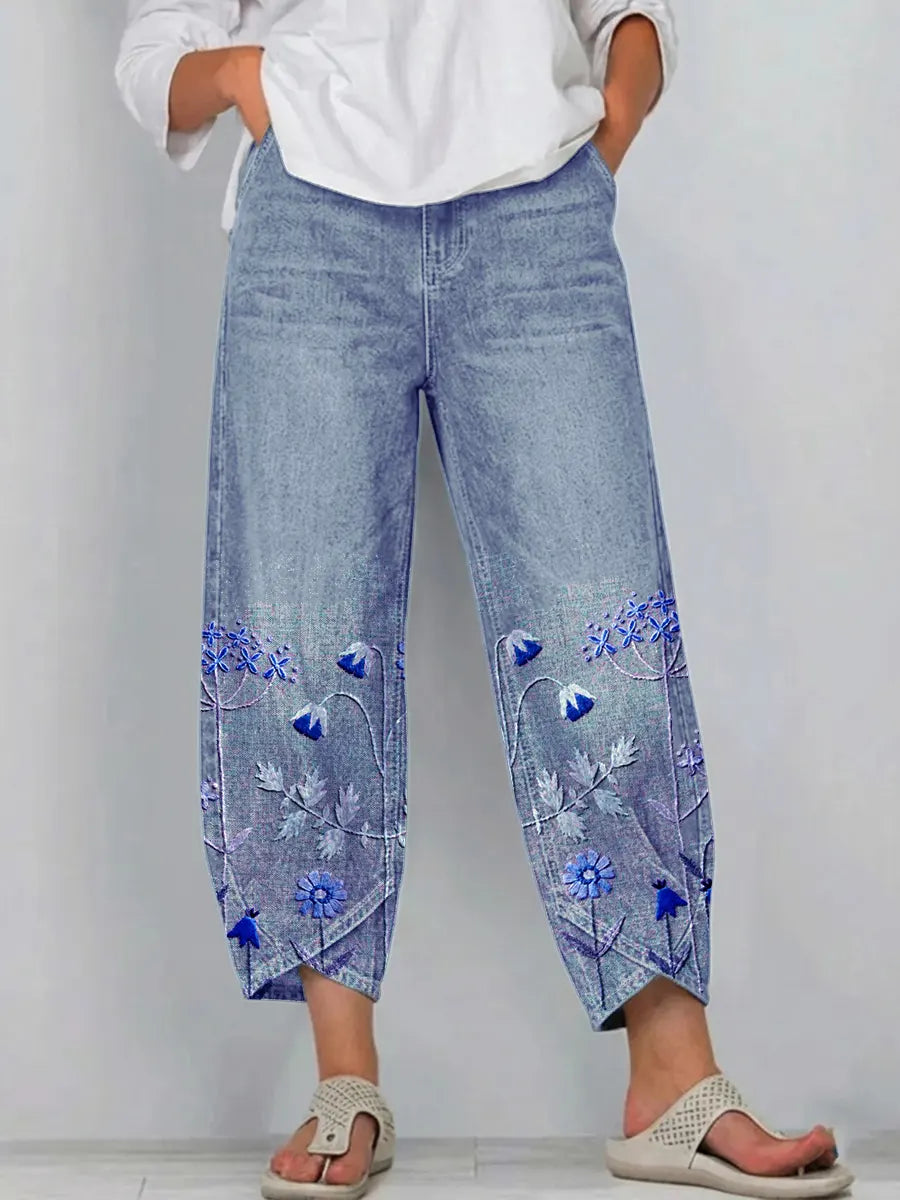 Dames cropped broek met bloemenborduursel en gesplitte zoom - afbeelding 4