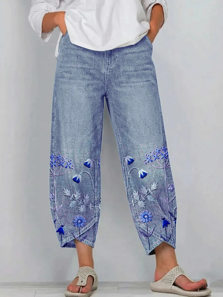Dames cropped broek met bloemenborduursel en gesplitte zoom - afbeelding 4