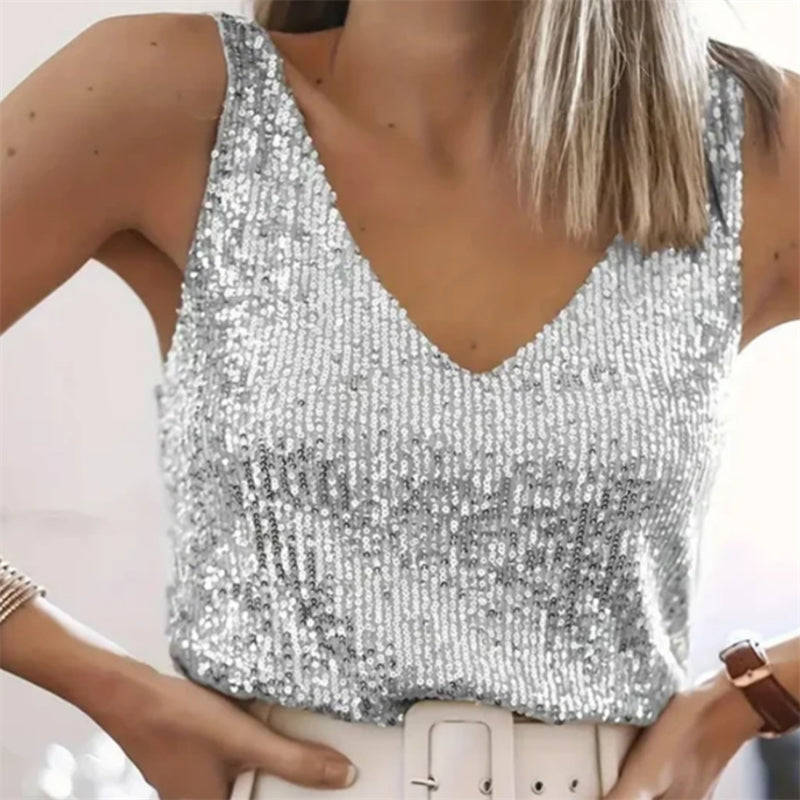 Dames Luxe Feestelijke Pailletten Top Met Elegante V Hals in Zilver
