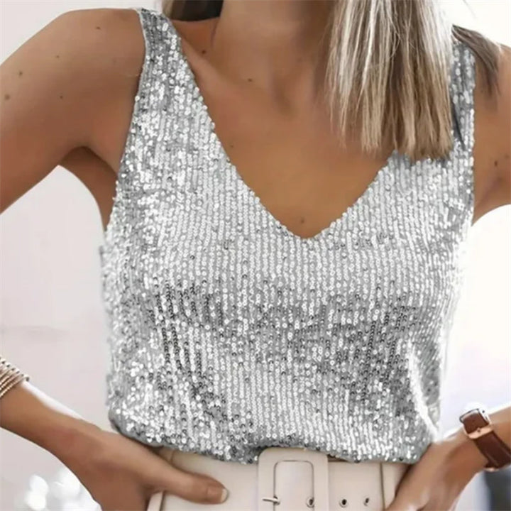 Dames Luxe Feestelijke Pailletten Top Met Elegante V Hals in Zilver