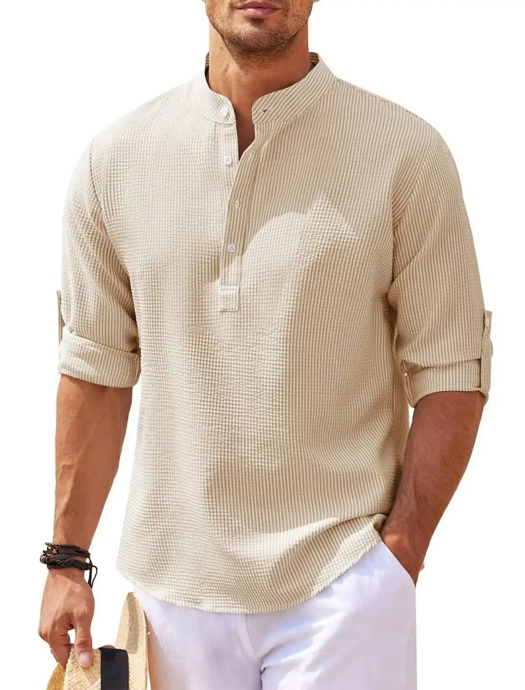Heren Henley Overhemd Met Opstaande Kraag En Structuurstof in Beige