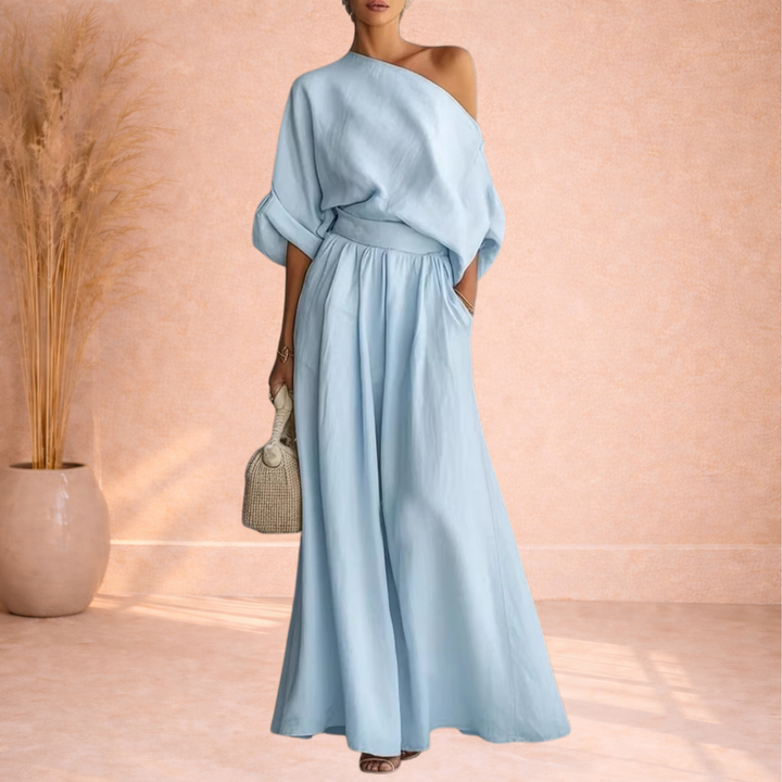 Dames Tweedelige Set Met One Shoulder Top En Wijde Broek detailfoto 9