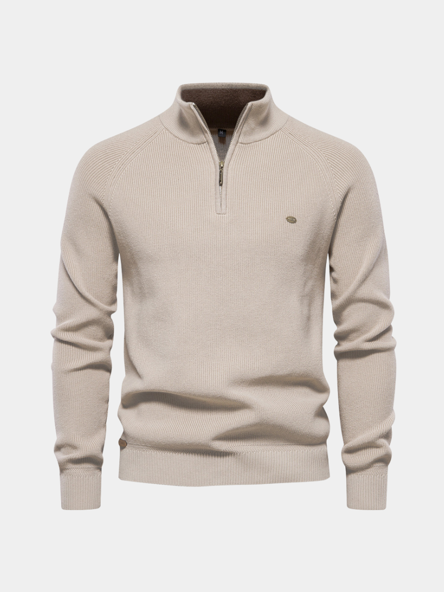 Gebreide herentrui met halve rits in beige