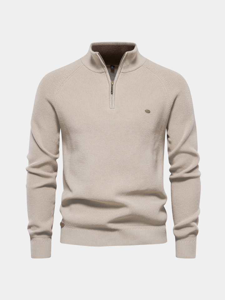 Gebreide herentrui met halve rits in beige