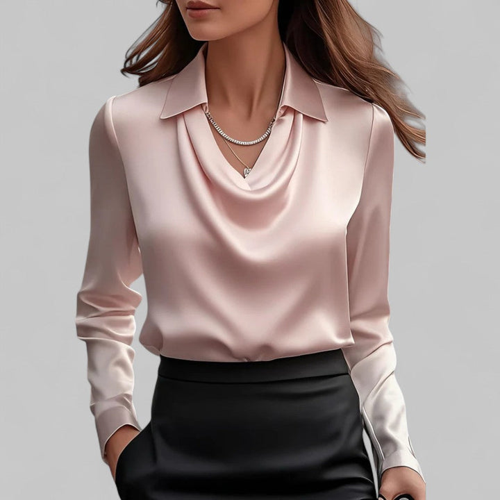 Dames satijnen blouse met watervalhals 6