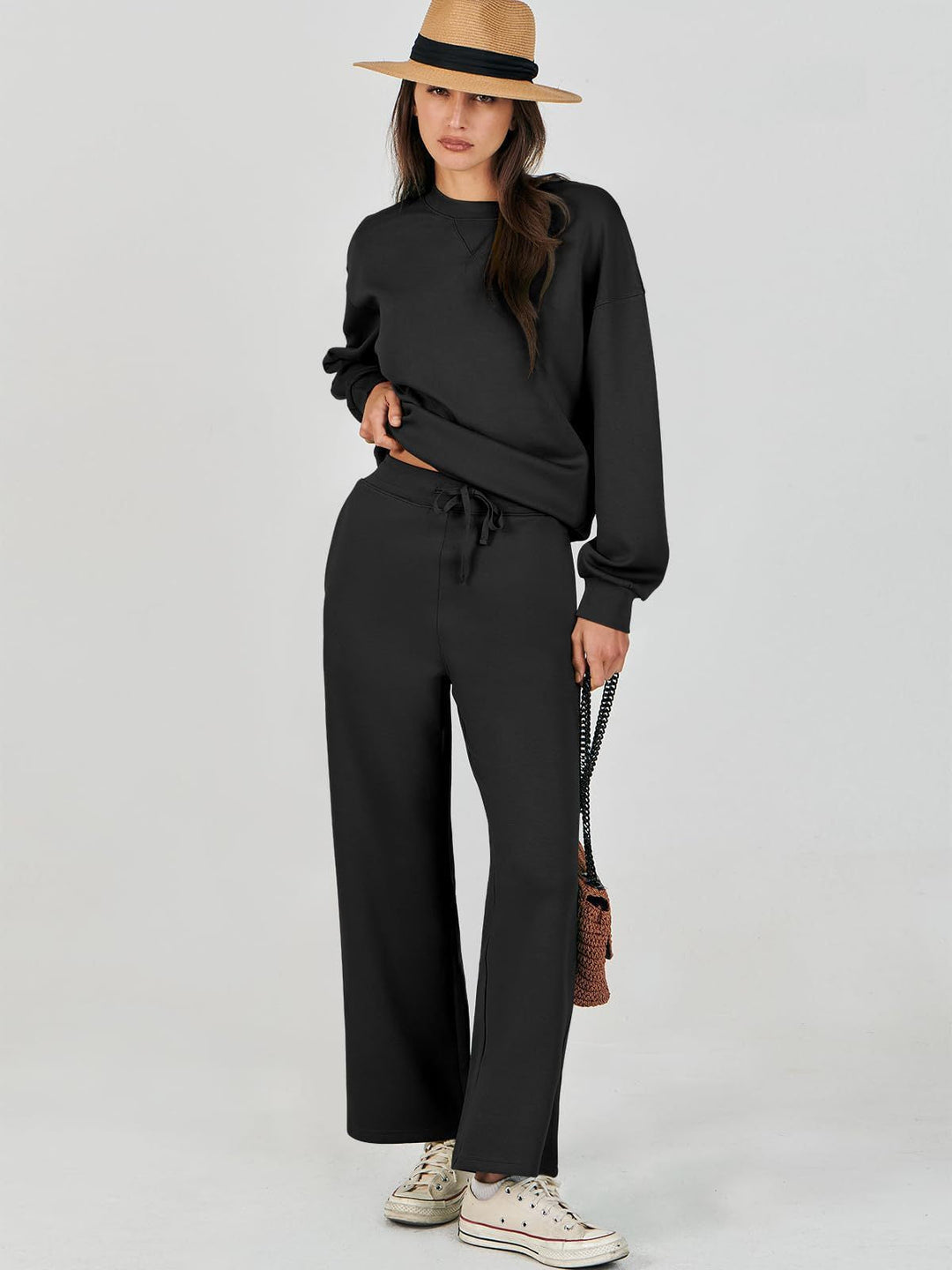 Dames Comfortabele Tweedelige Sweater Set Met Hoge Taille in Zwart