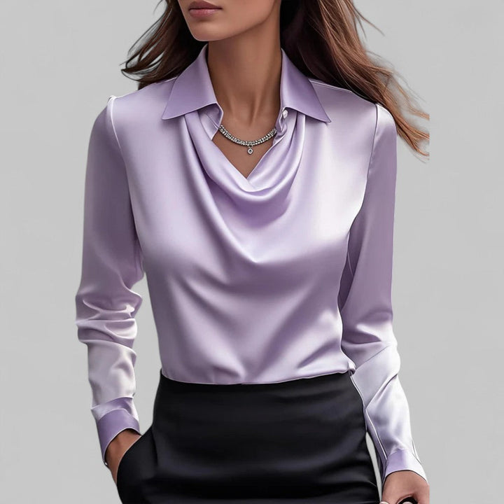 Dames satijnen blouse met watervalhals 9