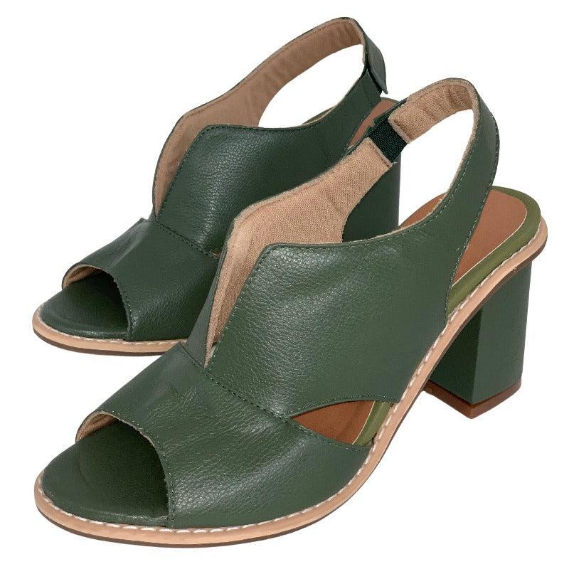 Dames Peeptoe Sandalen Met Stevige Blokhak En Slingback Bandje in Donkergroen productfoto