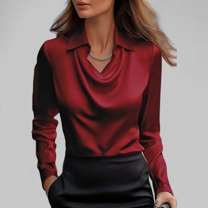 Dames satijnen blouse met watervalhals 10