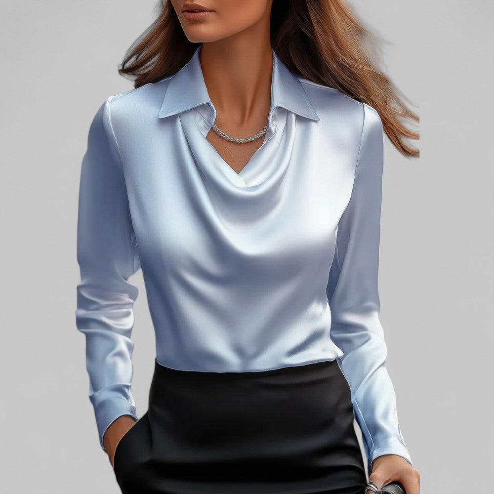 Dames satijnen blouse met watervalhals 11