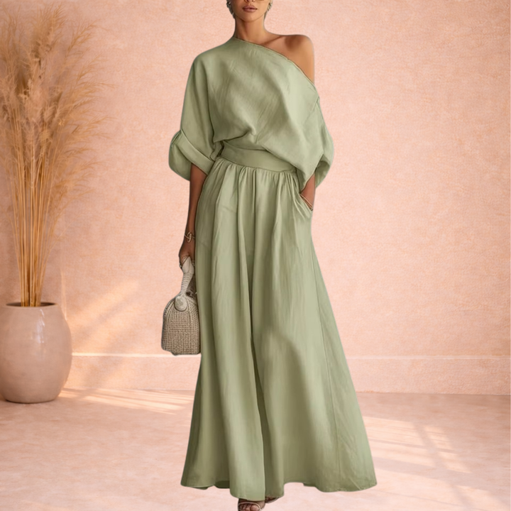 Dames Tweedelige Set Met One Shoulder Top En Wijde Broek in Groen