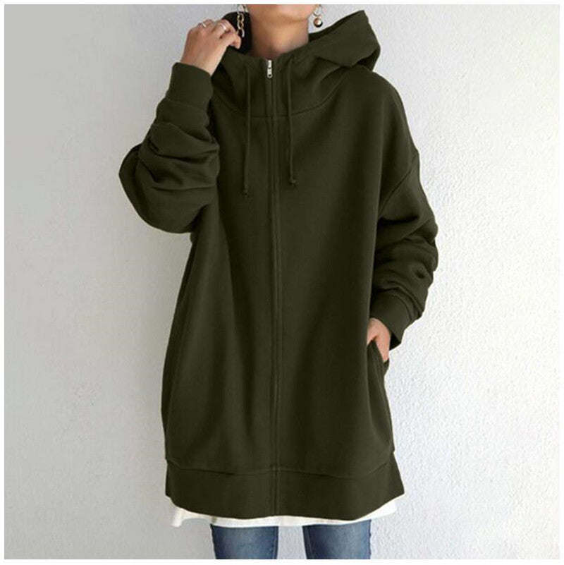 Dames Comfortabele Oversized Hoodie Met Rits En Capuchon in Legergroen