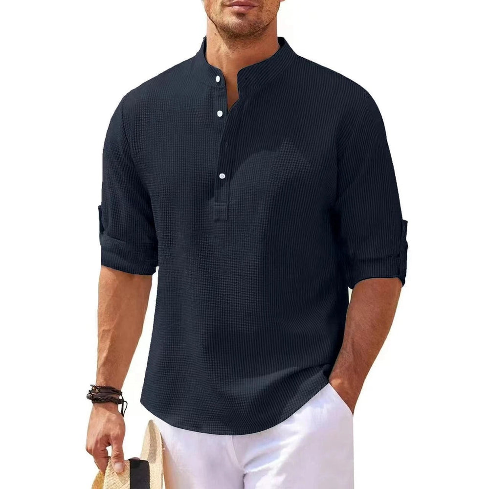 Heren Henley Overhemd Met Opstaande Kraag En Structuurstof in Marineblauw
